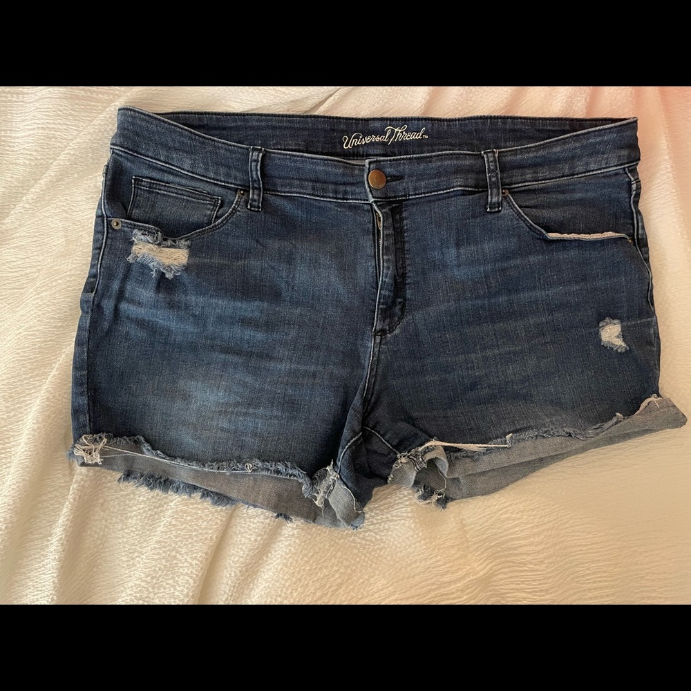 Distressed dark wash denim shorts